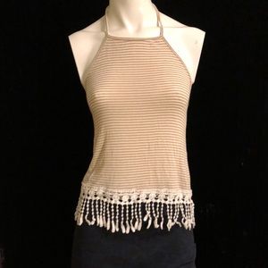 Halter top w/ lace accents, tan and white striped